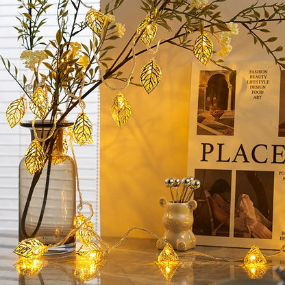 Battery Powered Elegant Golden Leaf LED String Lights - 9.84 ft, 20 LED,  Festive Home Party Decor Lighting