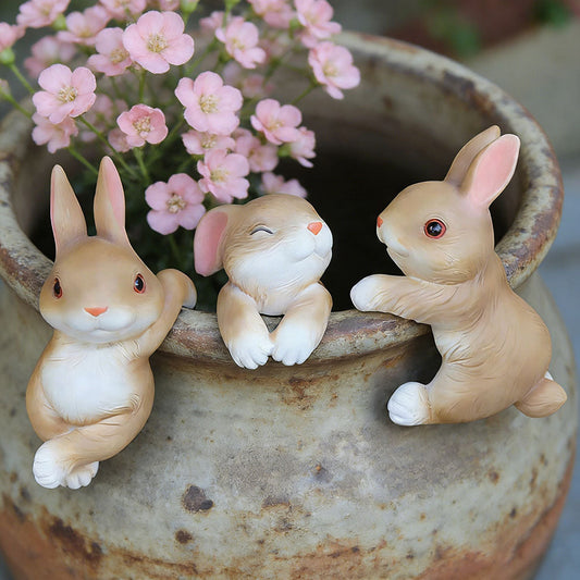 Set of 3 Adorable Bunny Pot Huggers - Garden Yard Potted Flower Pot Figurine Decoration