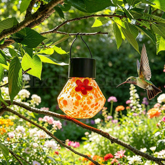 Solar Powered Handblown Glass Hummingbird Feeder