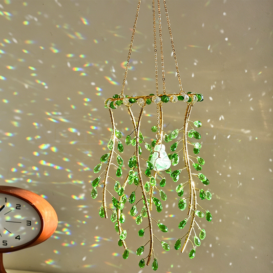 Handmade Crystal Willow Leaf Hanging Suncatcher -  Home Window Indoor Wall Hanging Decoration