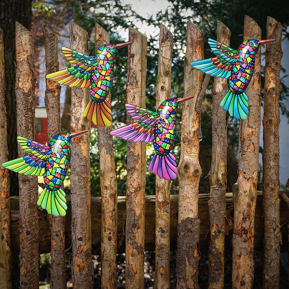 4 Pcs - Colorful Metal Hummingbird Wall Decor - Home Patio Garden Fence Art Ornament