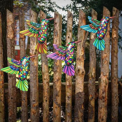 4 Pcs - Colorful Metal Hummingbird Wall Decor - Home Patio Garden Fence Art Ornament