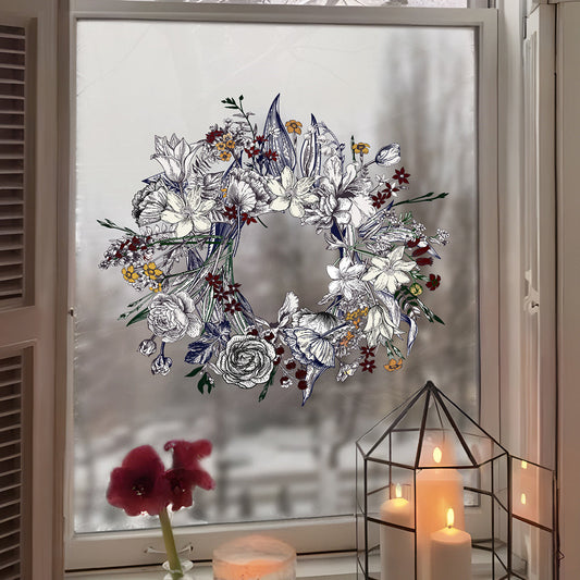 Vintage Floral Wreath Window Cling - Home Glass Window Reusable Decor Decal