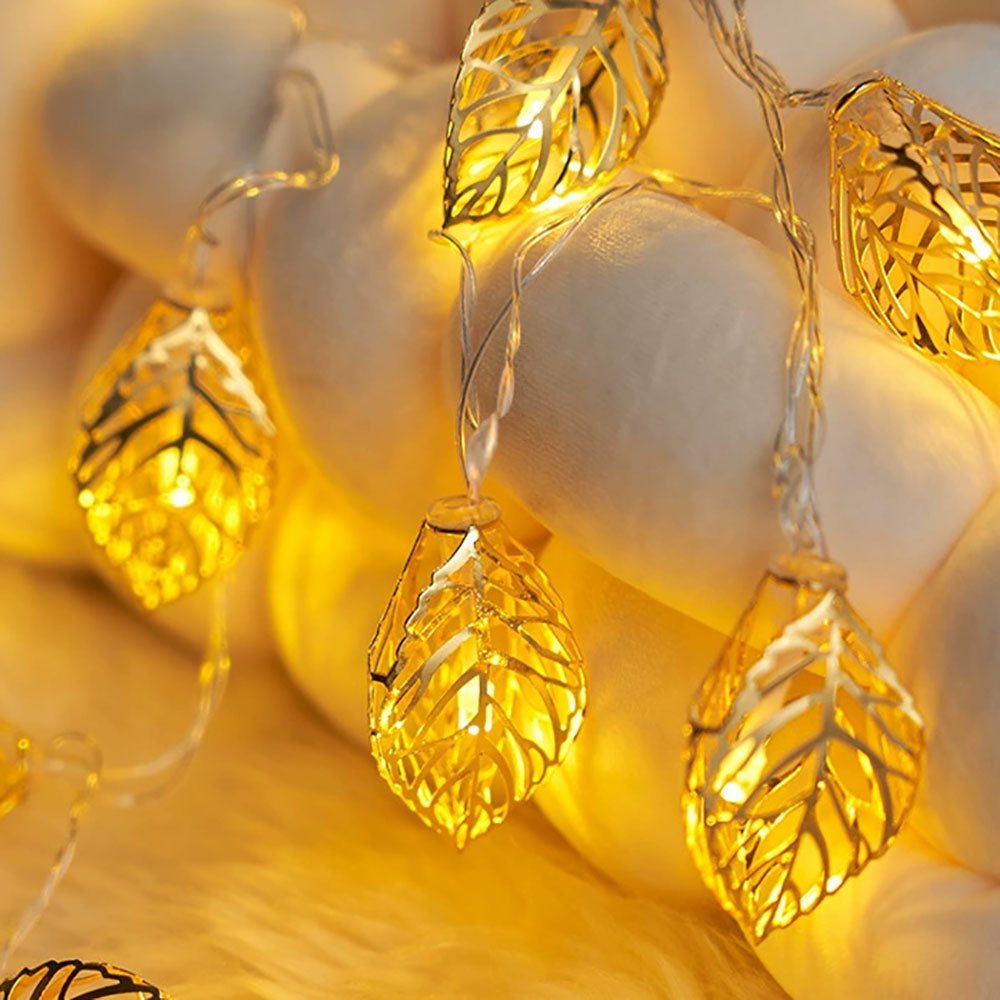 Battery Powered Elegant Golden Leaf LED String Lights - 9.84 ft, 20 LED,  Festive Home Party Decor Lighting