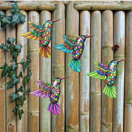 4 Pcs - Colorful Metal Hummingbird Wall Decor - Home Patio Garden Fence Art Ornament