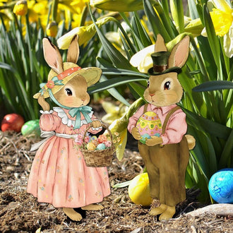 Adorable Bunny Garden Yard Stakes  -  Set of 2, 10-Inch, Flower Bed & Lawn Outdoor Decor