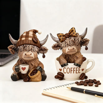 Adorable Resin Coffee Loving Highland Cow Figurine  -  3.5-Inch, Tabletop & Shelf Indoor Decor