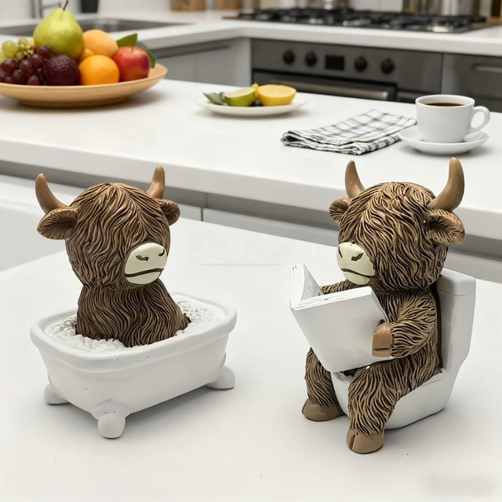 Adorable Resin Highland Cow Bathroom Figurine  -  Vanity & Counter Restroom Decor