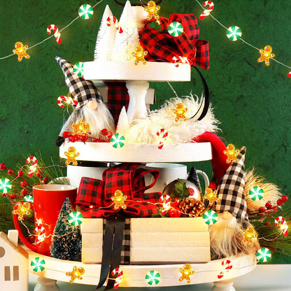 Battery Powered Christmas Gingerbread & Candy String Lights - 9.84ft, 30 LED,Home Xmas Tree Holiday Party Festive Decor Lighting