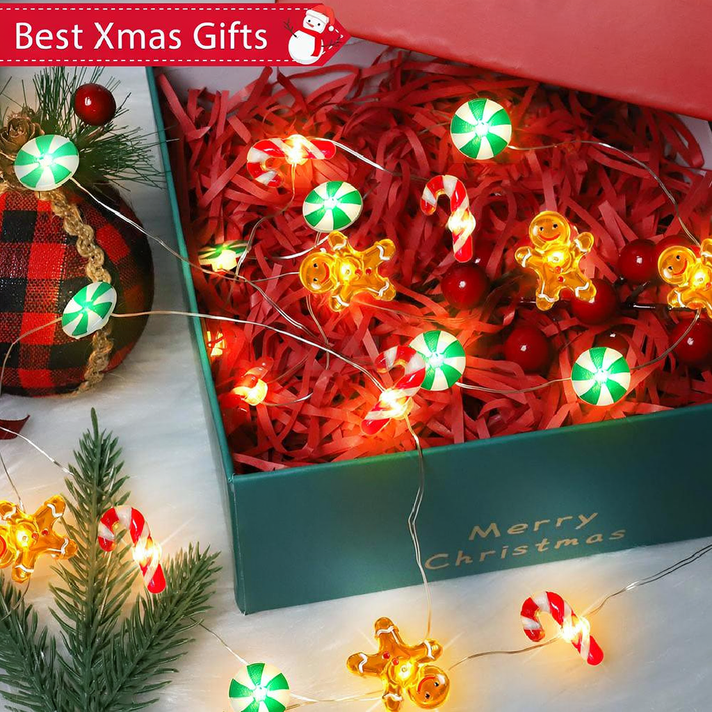 Battery Powered Christmas Gingerbread & Candy String Lights - 9.84ft, 30 LED,Home Xmas Tree Holiday Party Festive Decor Lighting