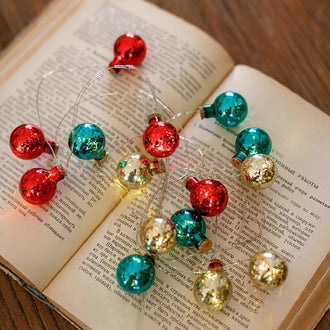 Battery Powered Christmas Glass Bauble String Lights - 6.56 ft, 15 LED, Home Xmas Tree Holiday Party Festive Decor Lighting