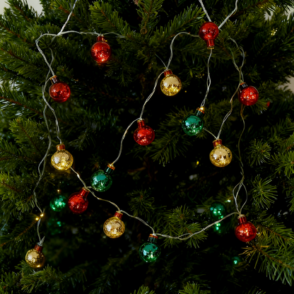Battery Powered Christmas Glass Bauble String Lights - 6.56 ft, 15 LED, Home Xmas Tree Holiday Party Festive Decor Lighting