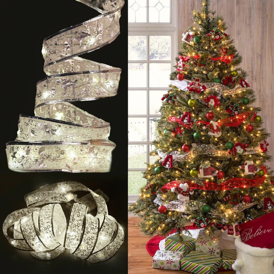Battery Powered LED Light Up Christmas Ribbon - 32ft, Home Xmas Tree Holiday Party Decor Lighting
