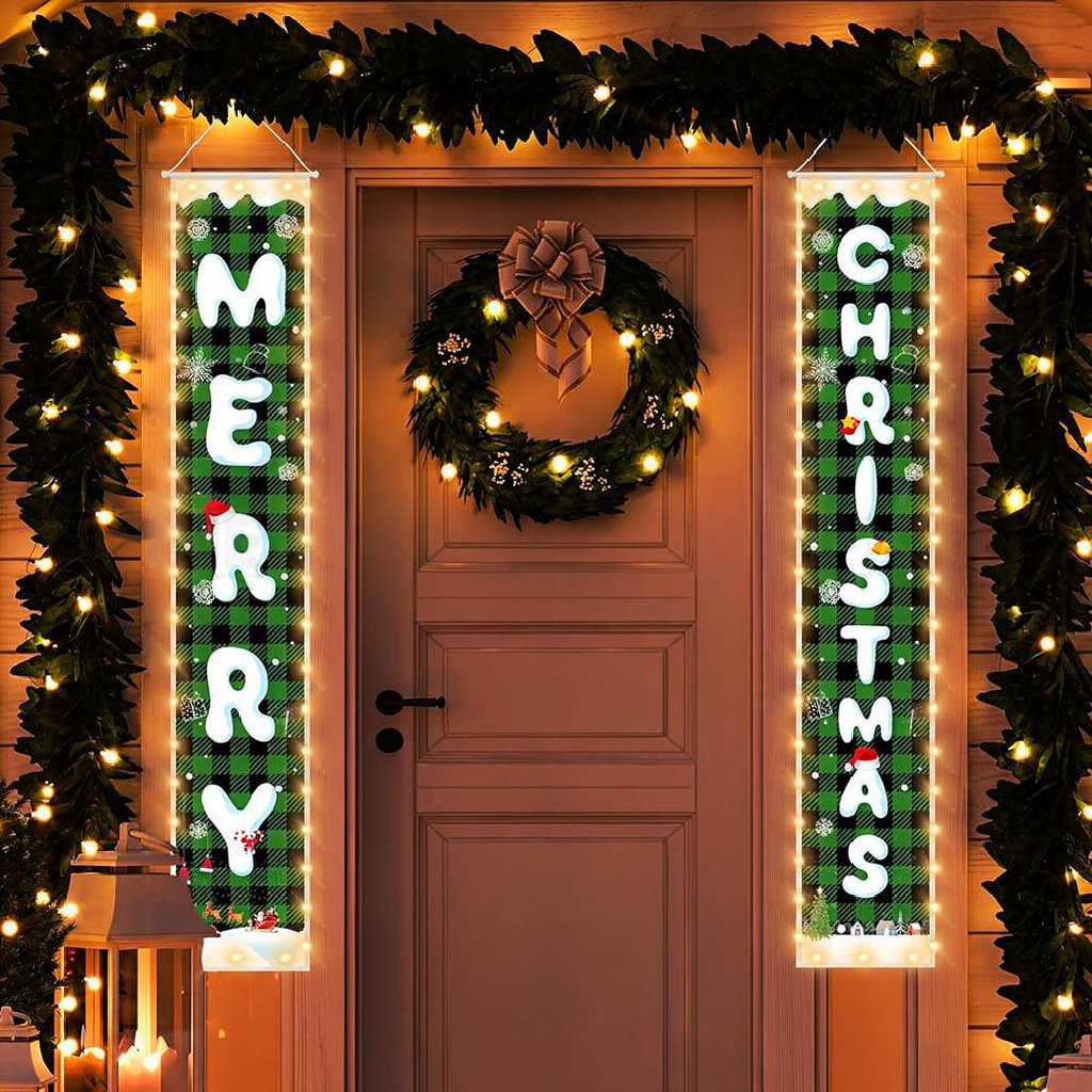 Battery Powered LED Merry Christmas Door Banner Set - Home Door Wall Xmas Holiday Decor