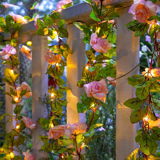 Battery Powered LED Rose Garland Lights  -  6.56 Ft, Indoor Outdoor Floral Lighting