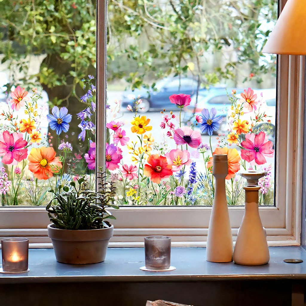 Colorful Floral Window Cling - Decorative Indoor Home Window Accessory