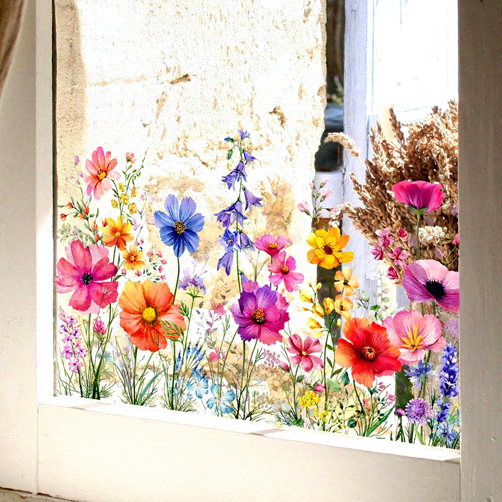 Colorful Floral Window Cling - Decorative Indoor Home Window Accessory