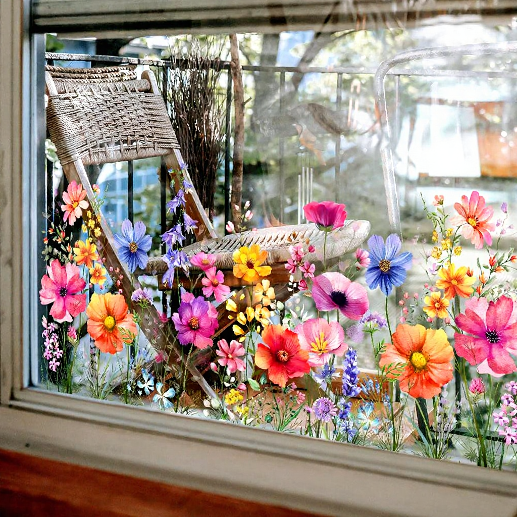 Colorful Floral Window Cling - Decorative Indoor Home Window Accessory