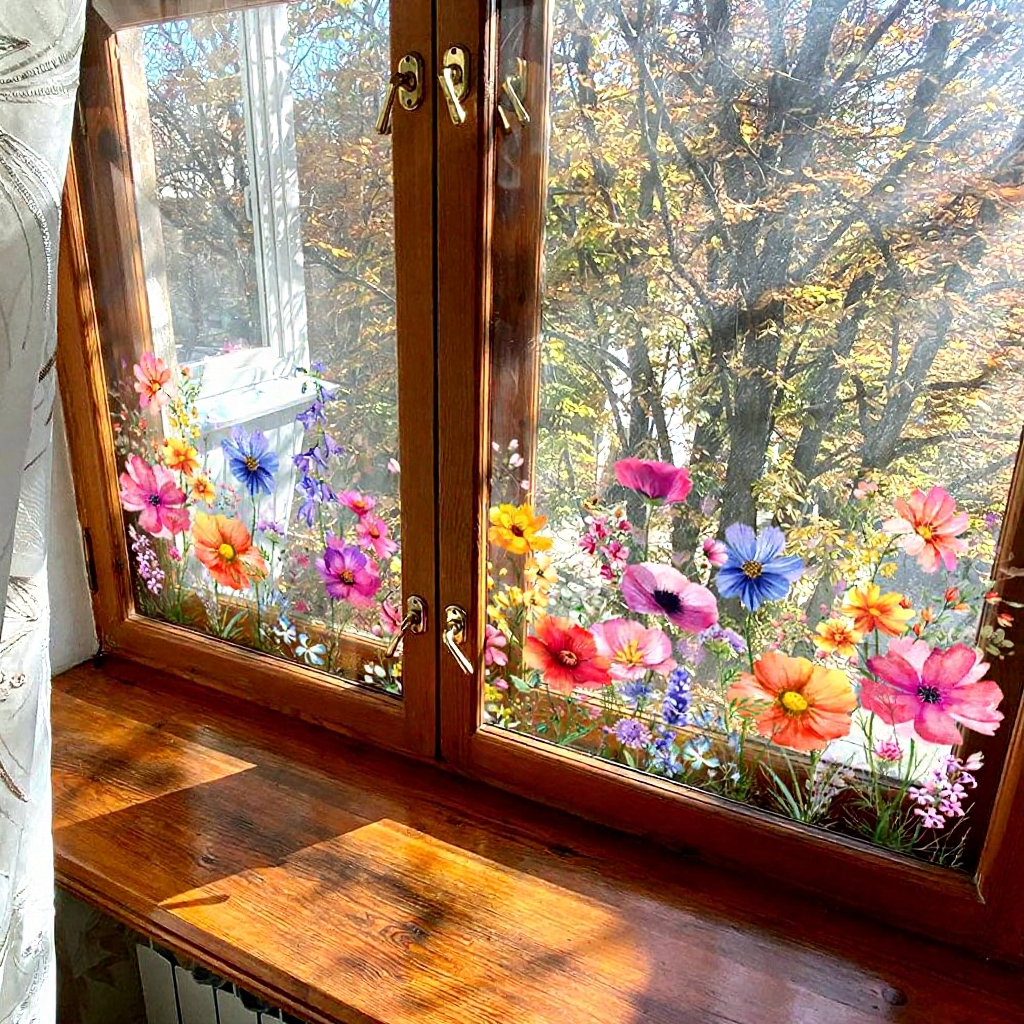 Colorful Floral Window Cling - Decorative Indoor Home Window Accessory
