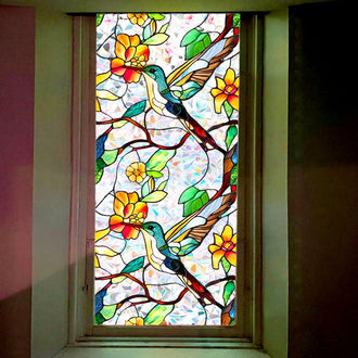 Colorful Hummingbird & Floral Window Film -  Decorative Indoor Home Window Accessory