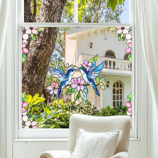 Colorful Hummingbird Flower Window Cling  -  Window Decor
