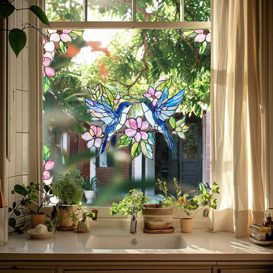 Colorful Hummingbird Flower Window Cling  -  Window Decor