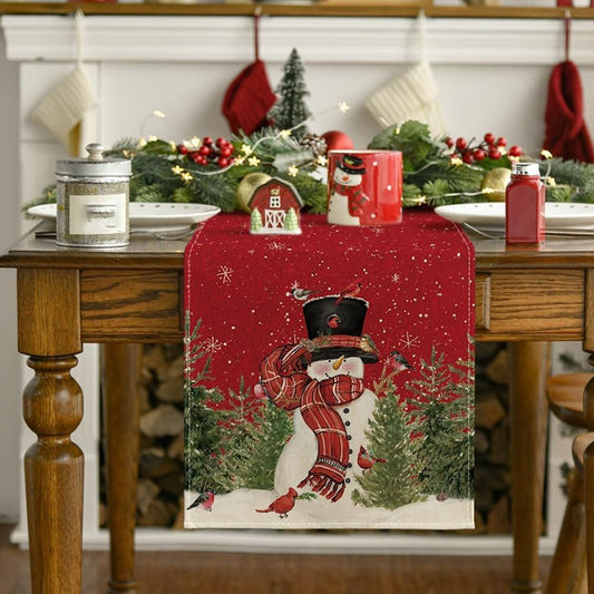 Adorable Christmas Snowman Table Runner - Dining Table Xmas Holiday Tabletop Decor