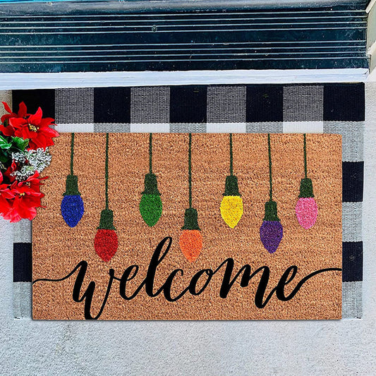 Christmas Light Bulb Welcome Door Mat - Holiday Doormat for Indoor Outdoor Entrance Home Xmas Decor