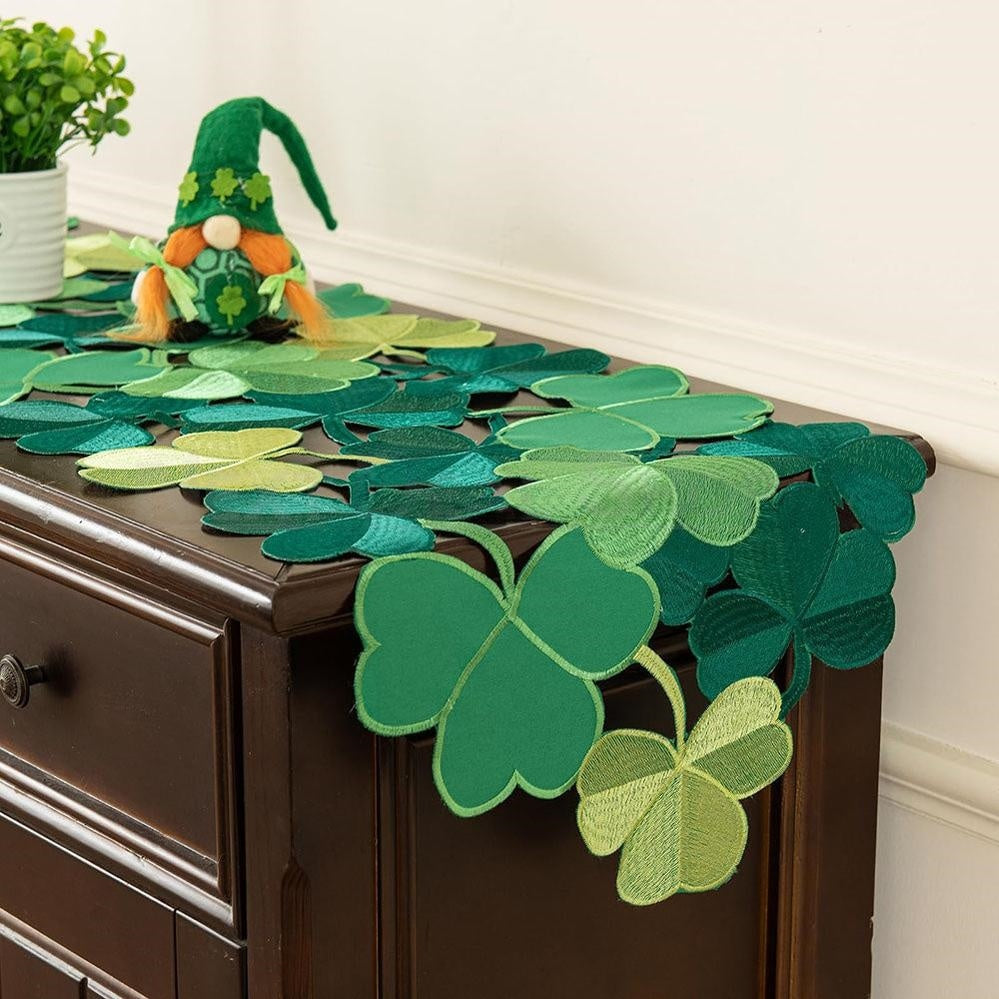 Embroidered Irish Clover Table Runner - 15×34 Inch, St.Patrick’s Day Dining Table Decor