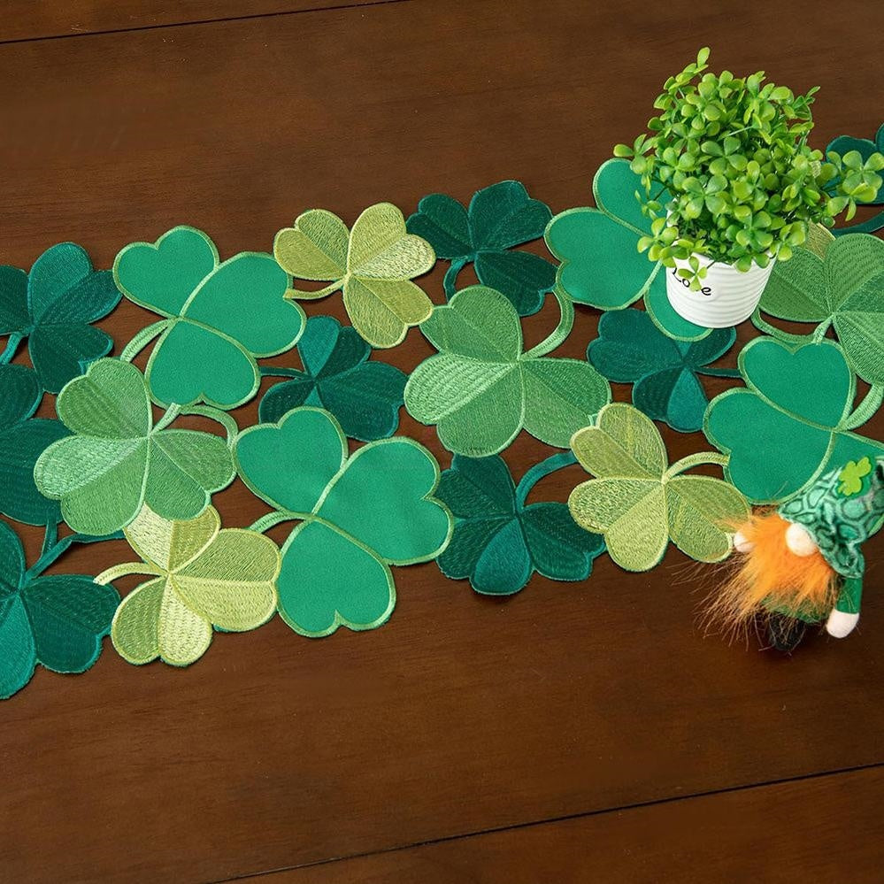 Embroidered Irish Clover Table Runner - 15×34 Inch, St.Patrick’s Day Dining Table Decor