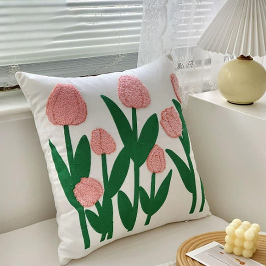 Embroidered Tulip Flower Pillow Cover  -  17.7 x 17.7 Inch, Sofa & Couch Indoor Home Decor