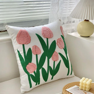 Embroidered Tulip Flower Pillow Cover  -  17.7 x 17.7 Inch, Novelty Sofa & Couch Indoor Home Decor