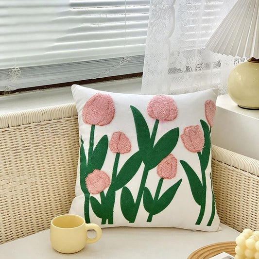 Embroidered Tulip Flower Pillow Cover  -  17.7 x 17.7 Inch, Sofa & Couch Indoor Home Decor