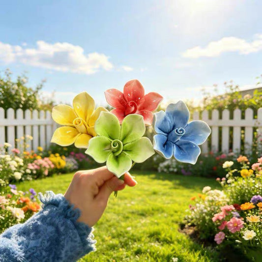 Farmhouse Botanical Ceramic Flower Garden Stakes - Set of 4, Plant Pot & Lawn Decor