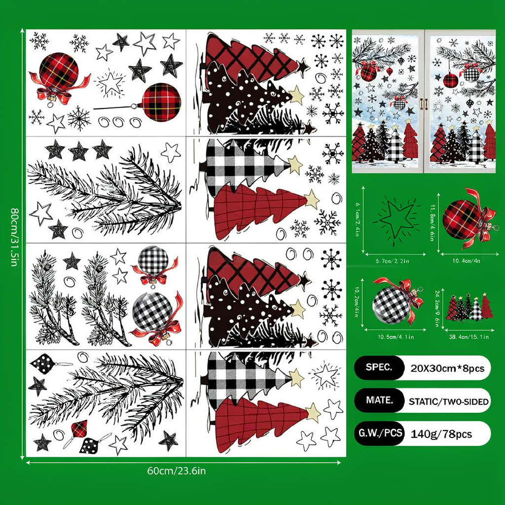 Festive Christmas Tree Window Cling Set - Home Glass Door Window Xmas Holiday Party Festival Decor
