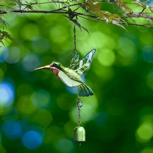 Stained Glass & Iron Hummingbird Decorative Wind Chime - Green, Home Yard Porch Patio Outdoor Decor Ornament