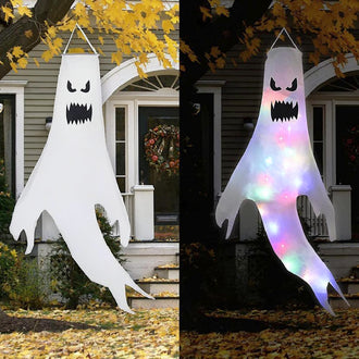 Giant LED Ghost Windsock Hanging Decor - 47 inch, Home Porch Patio Yard Outdoor Halloween Holiday Party Spooky Hanging Decor