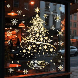 Golden Christmas Tree & Snowflake Window Cling Set