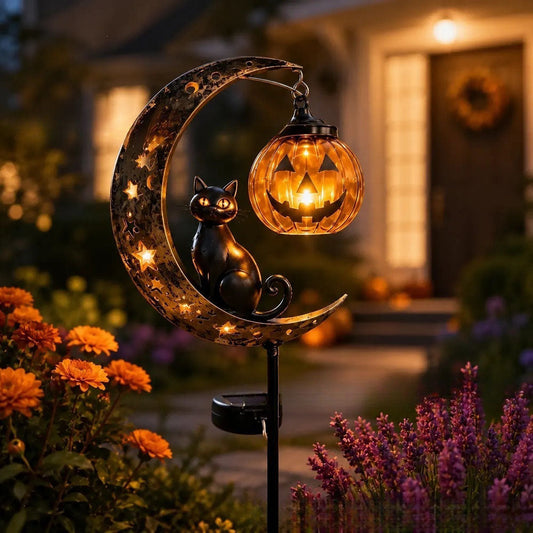 Halloween Solar Powered Metal Moon Black Cat with Pumpkin Lantern Garden Stake Light-View 1-Next Deal Shop
