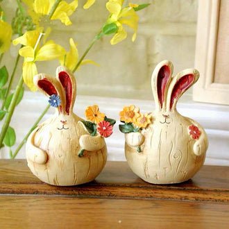 Hand Painted Resin Bunny Figurines  -  Set of 2, Easter Lawn Patio Garden Decor