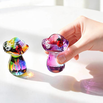 Handmade Rainbow Crystal Glass Mushroom with Ladybug Figurine - 2.7-Inch