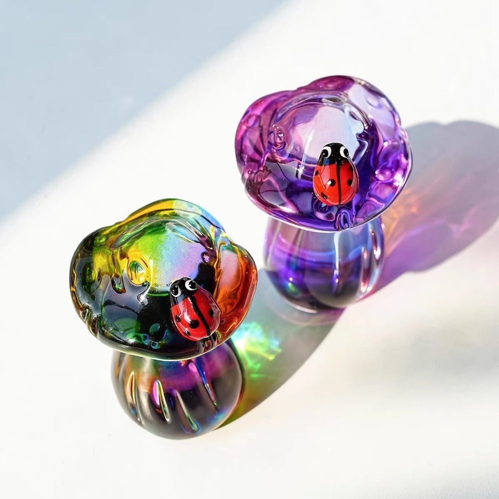 Handmade Rainbow Crystal Glass Mushroom with Ladybug Figurine - 2.7-Inch