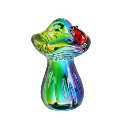 Handmade Rainbow Crystal Glass Mushroom with Ladybug Figurine - 2.7-Inch