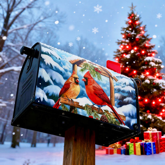 Festive Cardinal Magnetic Mailbox Cover - Outdoor Mailbox Christmas Holiday Decor