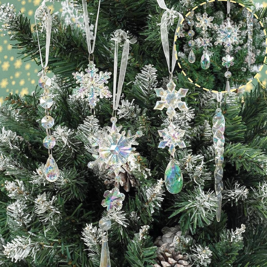 Iridescent Christmas Snowflake & Icicle Hanging Ornament - 10 Pcs, Xmas Tree Home Indoor Outdoor Holiday Party Decor