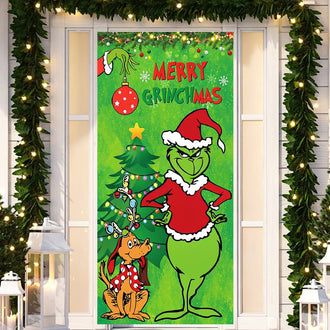 Merry Grinchmas Door Cover - Holiday Banner For Home Front Door Christmas Festive Decoration