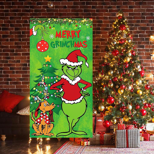 Merry Grinchmas Door Cover - Holiday Banner For Home Front Door Christmas Festive Decoration