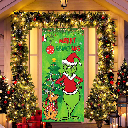 Merry Grinchmas Door Cover - Holiday Banner For Home Front Door Christmas Festive Decoration