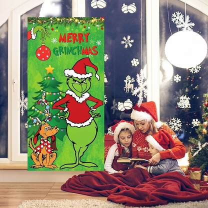 Merry Grinchmas Door Cover - Holiday Banner For Home Front Door Christmas Festive Decoration