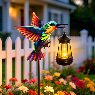 Metal Hummingbird Garden Stake with Solar Lantern - Weatherproof Flower Bed & Yard Lighting
